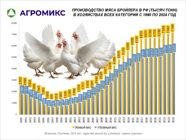 Динамика: Объём производства курицы в СССР и России по годам, включая 1990-1995-2000-2005-2010-2015-2020-2024 год