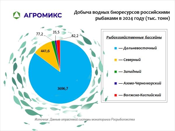 Добыча водных биоресурсов российскими пользователями в рыбохозяйственных бассейнах в 2024 году, тысяч тонн