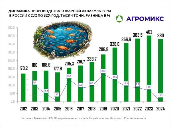 Диаграмма: Объём производства товарной аквакультуры в РФ, динамика по годам с 2012 по 2024 гг. в тысячях тонн