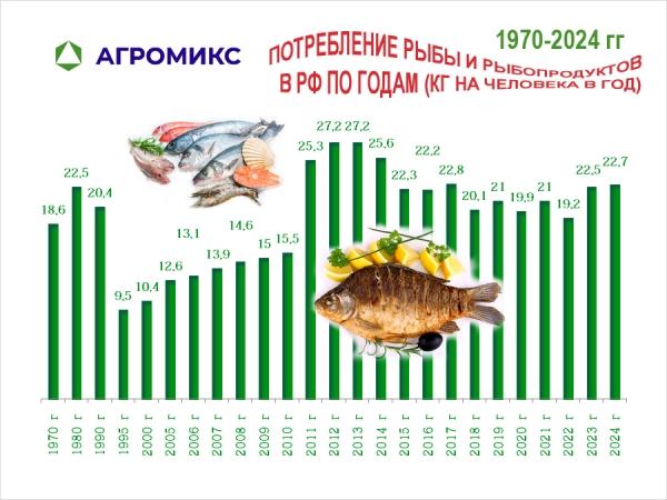 Диаграмма: Потребление рыбы кг в год на душу населения в СССР и РФ, динамика по годам 1970-1980-1990-2000-2010-2023-2024